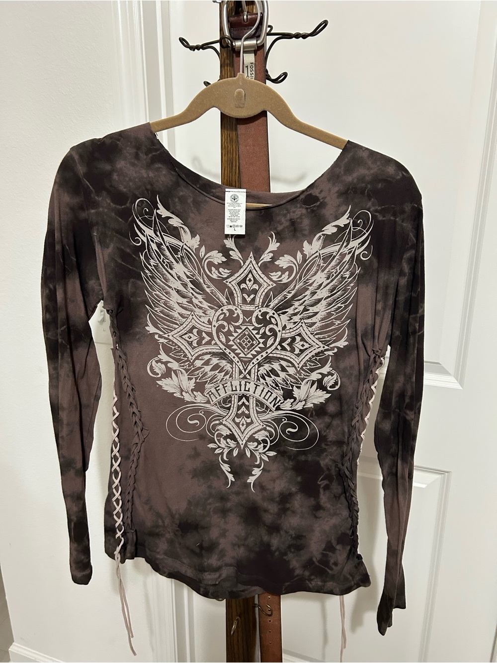 Affliction Women's Brown Tie-Dye Long Sleeve Wing Graphic Top with Lace-Up Sides